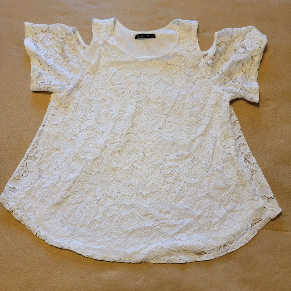 White Lace Cold Shoulder Blouse Womens 2X Short Sleeve Top Evening Roses Shirt